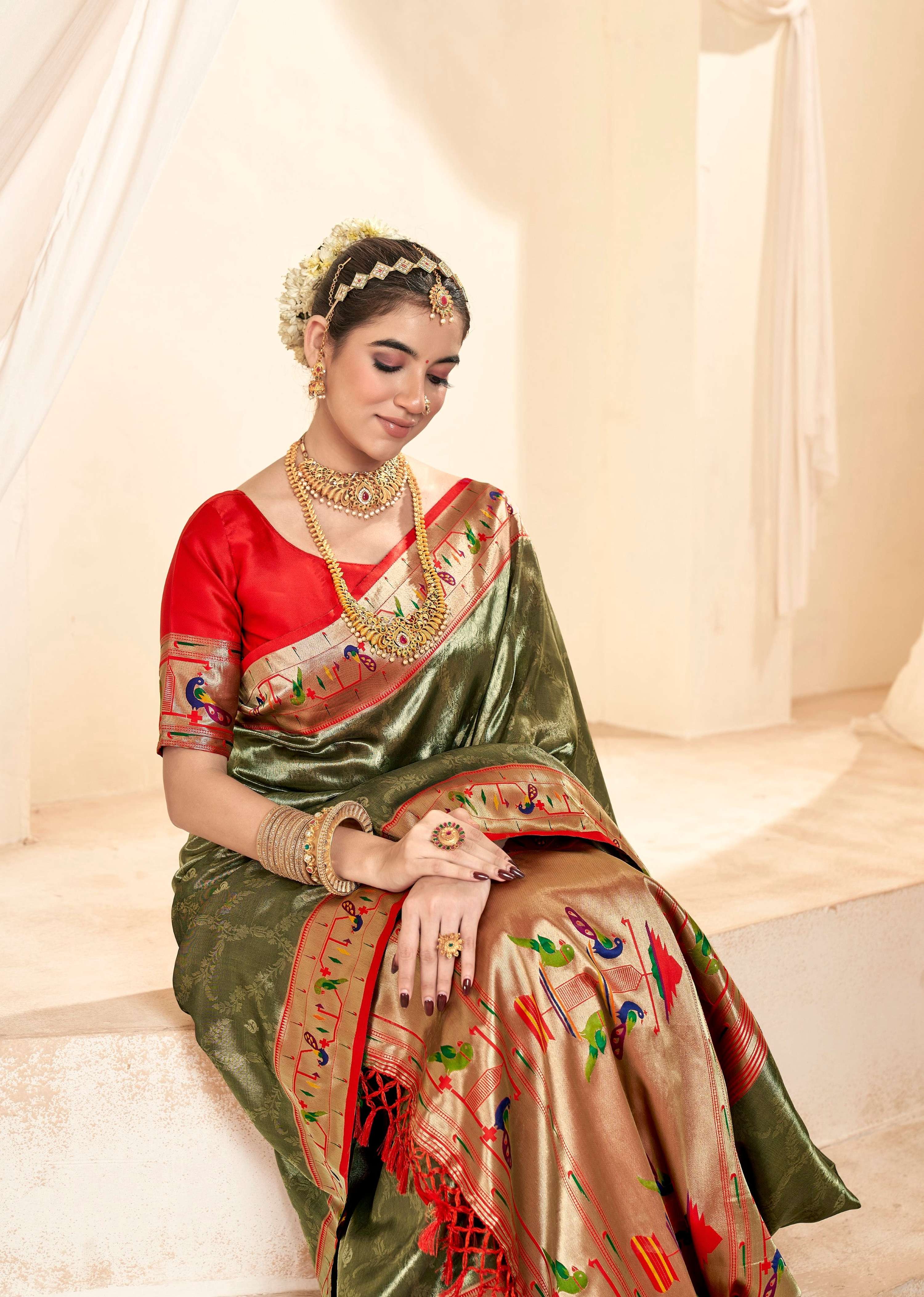 Anaita Mehendi Designer Weaving Pure Paithani Tissue Silk Saree With Blouse | Grocsy