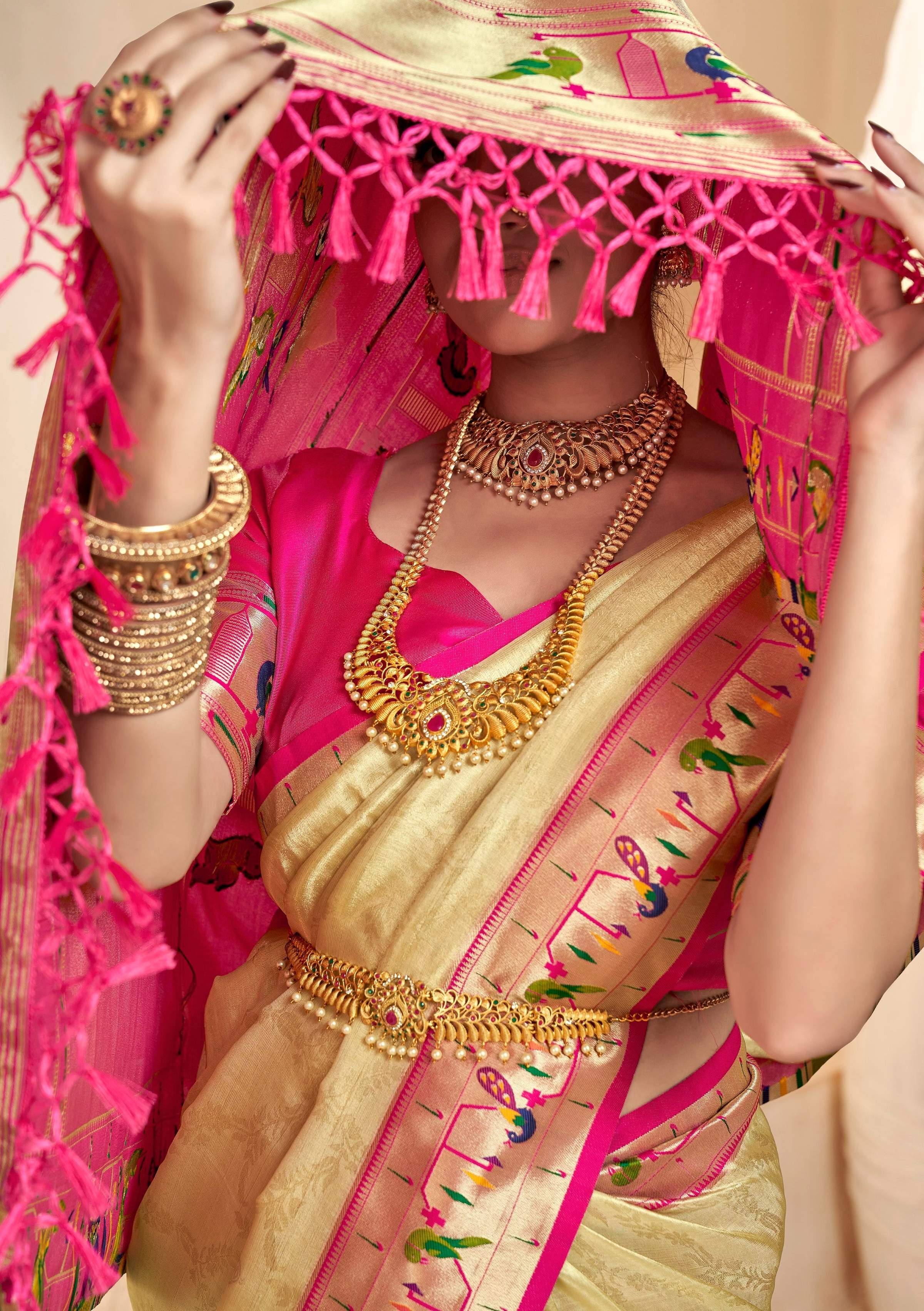 Anaita Cream Designer Weaving Pure Paithani Tissue Silk Saree With Blouse | Grocsy