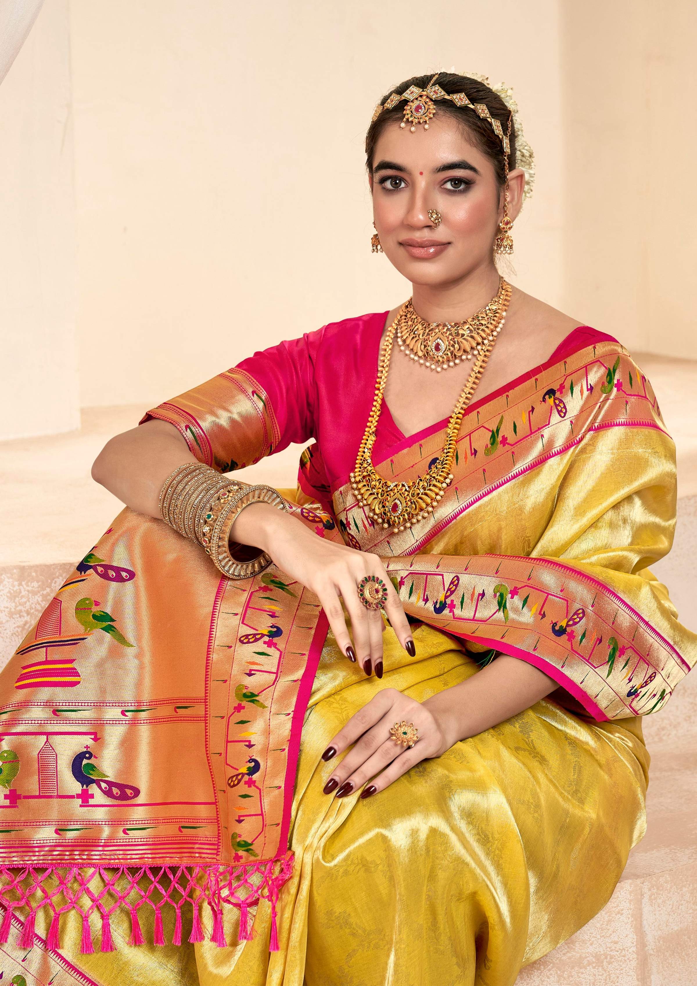 Anaita Yellow Designer Weaving Pure Paithani Tissue Silk Saree With Blouse | Grocsy