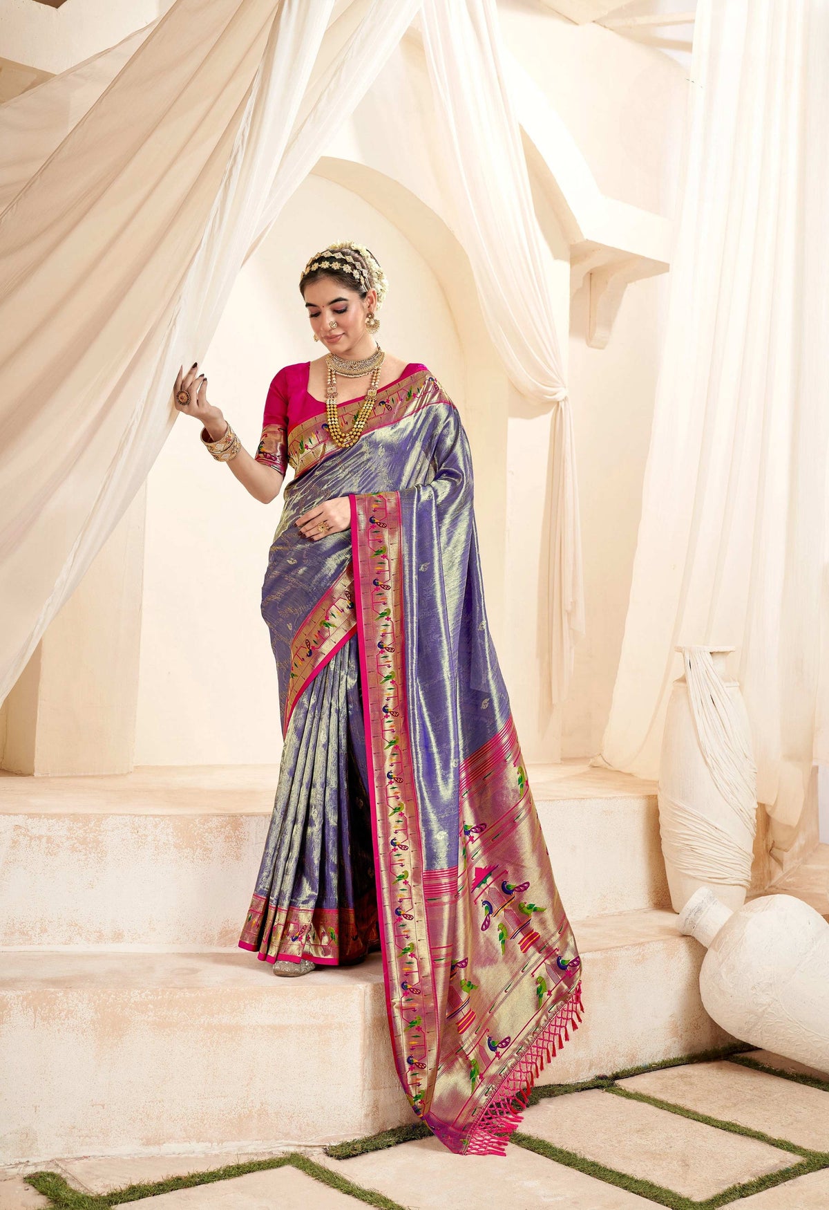 Anaita Blue Designer Weaving Pure Paithani Tissue Silk Saree With Blouse | Grocsy