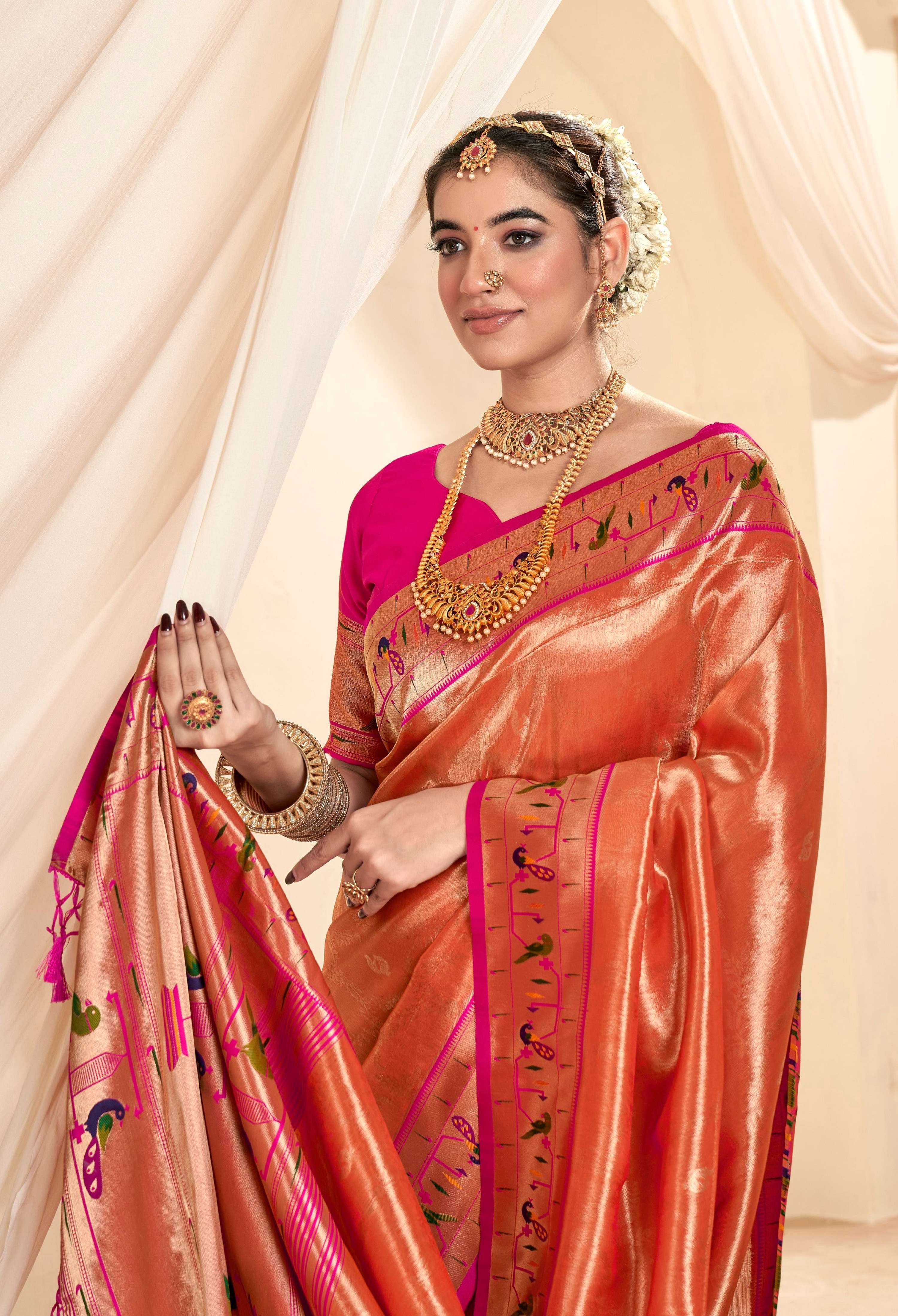 Anaita Orange Designer Weaving Pure Paithani Tissue Silk Saree With Blouse | Grocsy