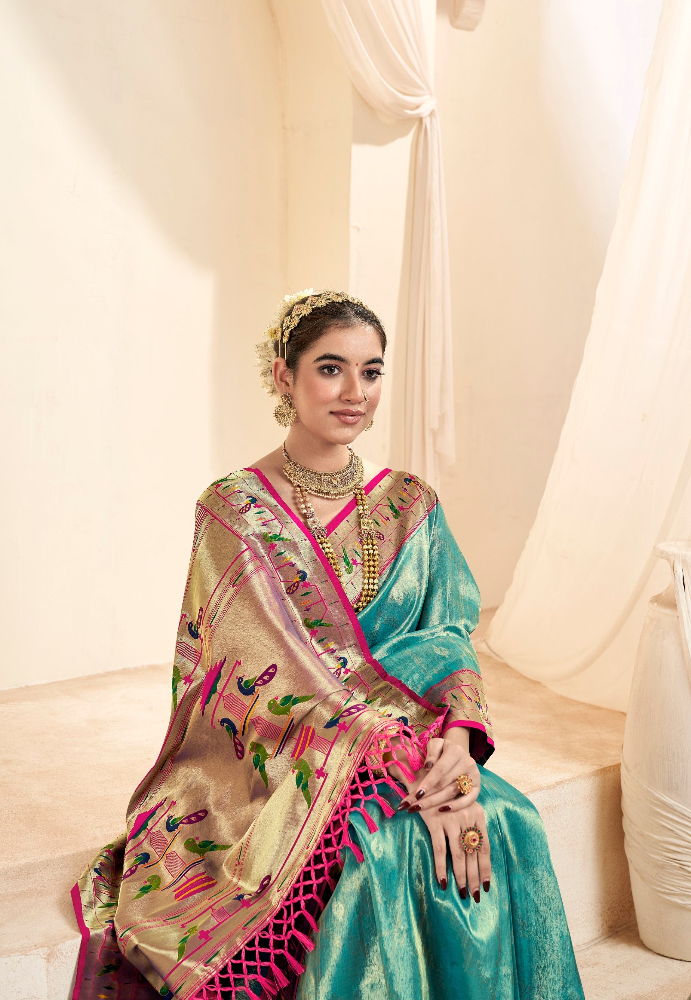 Anaita Sea Green Designer Weaving Pure Paithani Tissue Silk Saree With Blouse | Grocsy