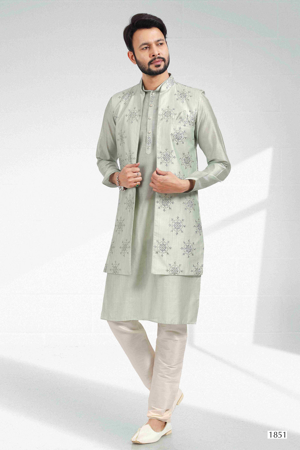 Raivat Ethnic Art Banarasi Silk Thread Work 3 Pics Jacket Set In Pista Green Colour | Grocsy