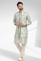 Raivat Ethnic Art Banarasi Silk Thread Work 3 Pics Jacket Set In Pista Green Colour | Grocsy