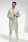 Raivat Ethnic Art Banarasi Silk Thread Work 3 Pics Jacket Set In Pista Green Colour | Grocsy