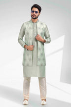Raivat Ethnic Art Banarasi Silk Thread Work 3 Pics Jacket Set In Pista Green Colour | Grocsy