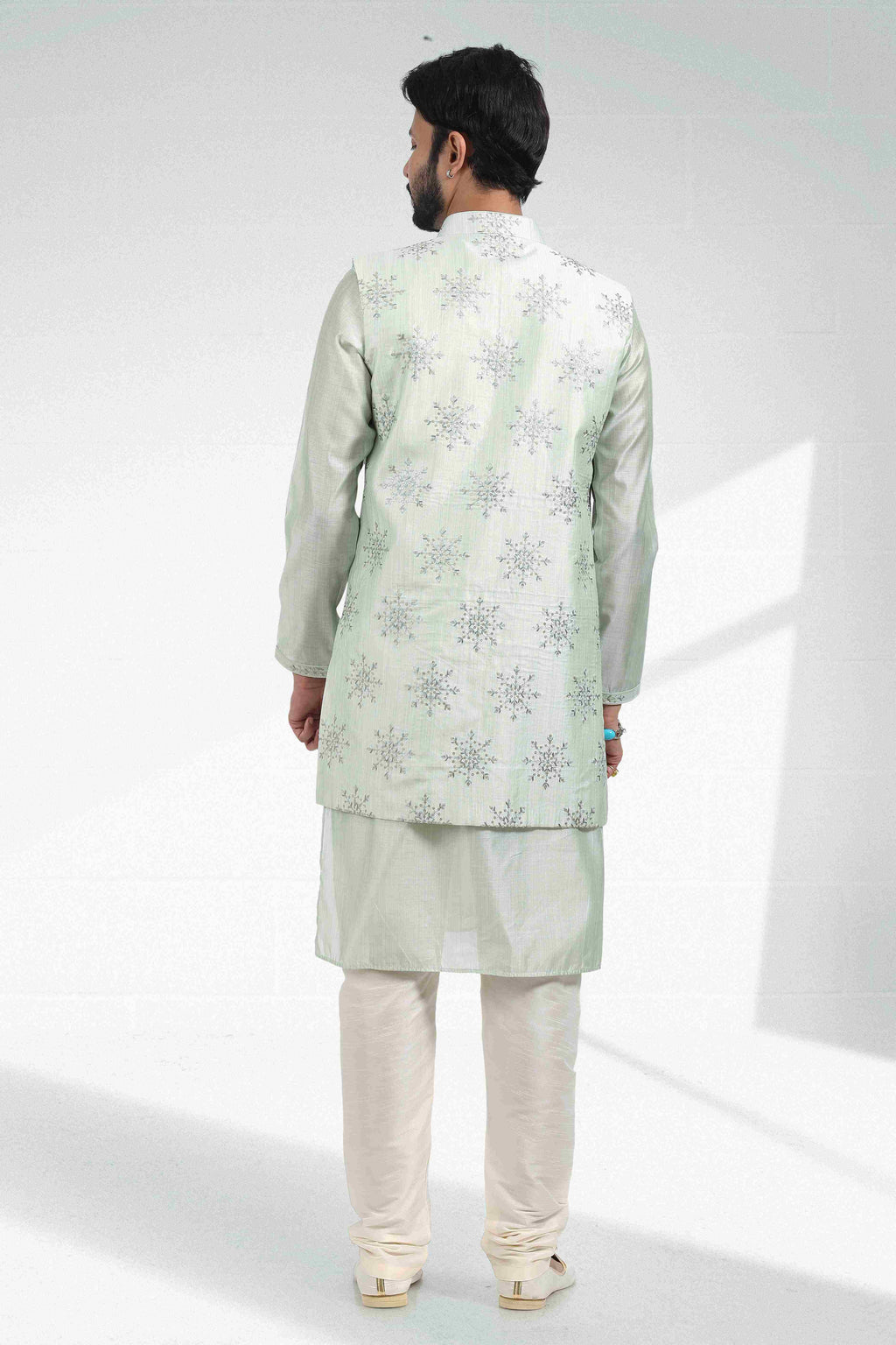 Raivat Ethnic Art Banarasi Silk Thread Work 3 Pics Jacket Set In Pista Green Colour | Grocsy