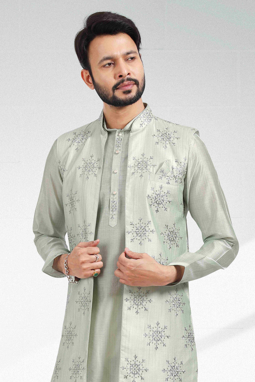 Raivat Ethnic Art Banarasi Silk Thread Work 3 Pics Jacket Set In Pista Green Colour | Grocsy