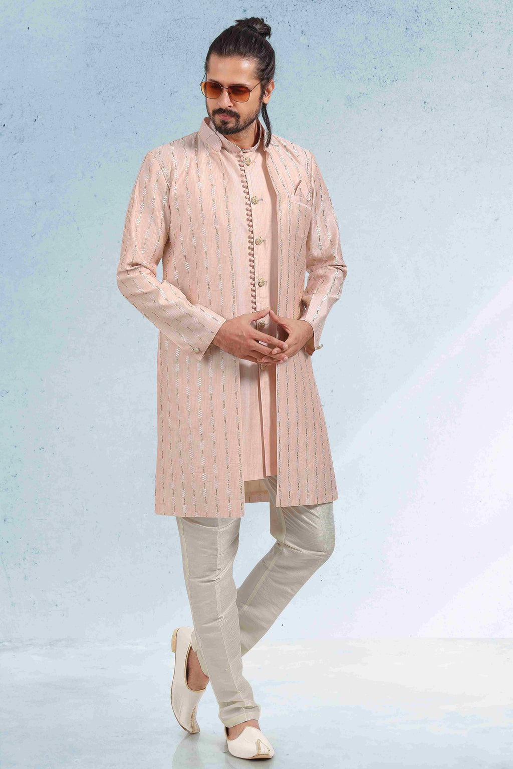 Raivat Ethnic Art Banarasi Silk Thread Work 3 Pics Jacket Set In Peach Colour | Grocsy