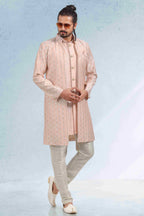 Raivat Ethnic Art Banarasi Silk Thread Work 3 Pics Jacket Set In Peach Colour | Grocsy