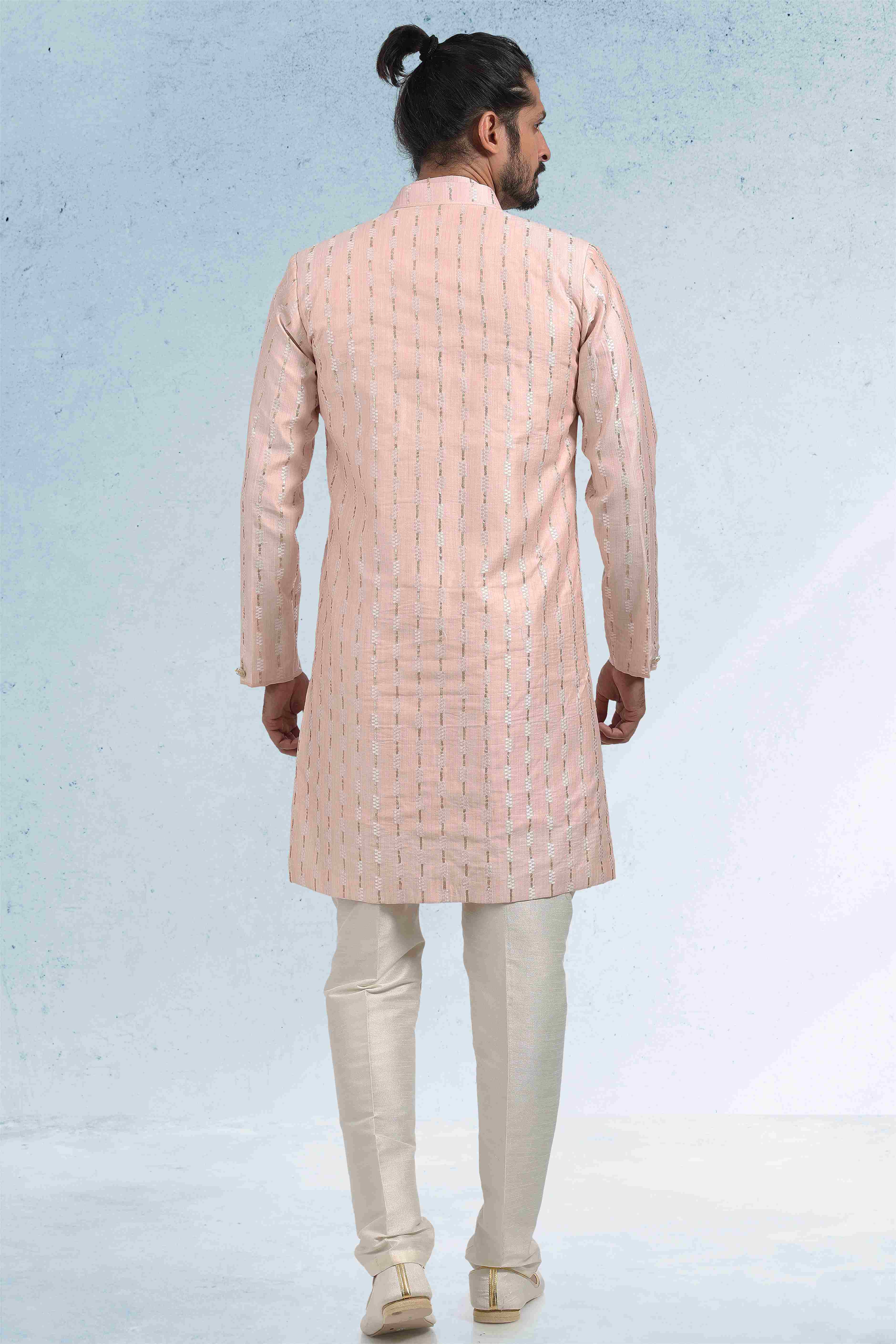 Raivat Ethnic Art Banarasi Silk Thread Work 3 Pics Jacket Set In Peach Colour | Grocsy