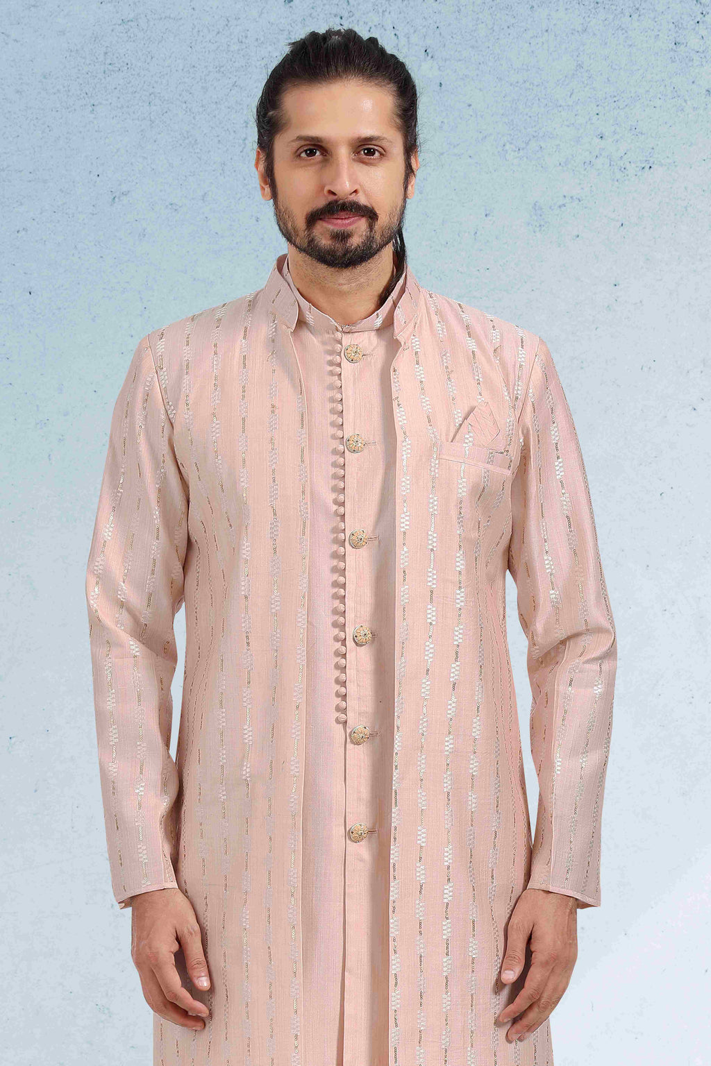 Raivat Ethnic Art Banarasi Silk Thread Work 3 Pics Jacket Set In Peach Colour | Grocsy