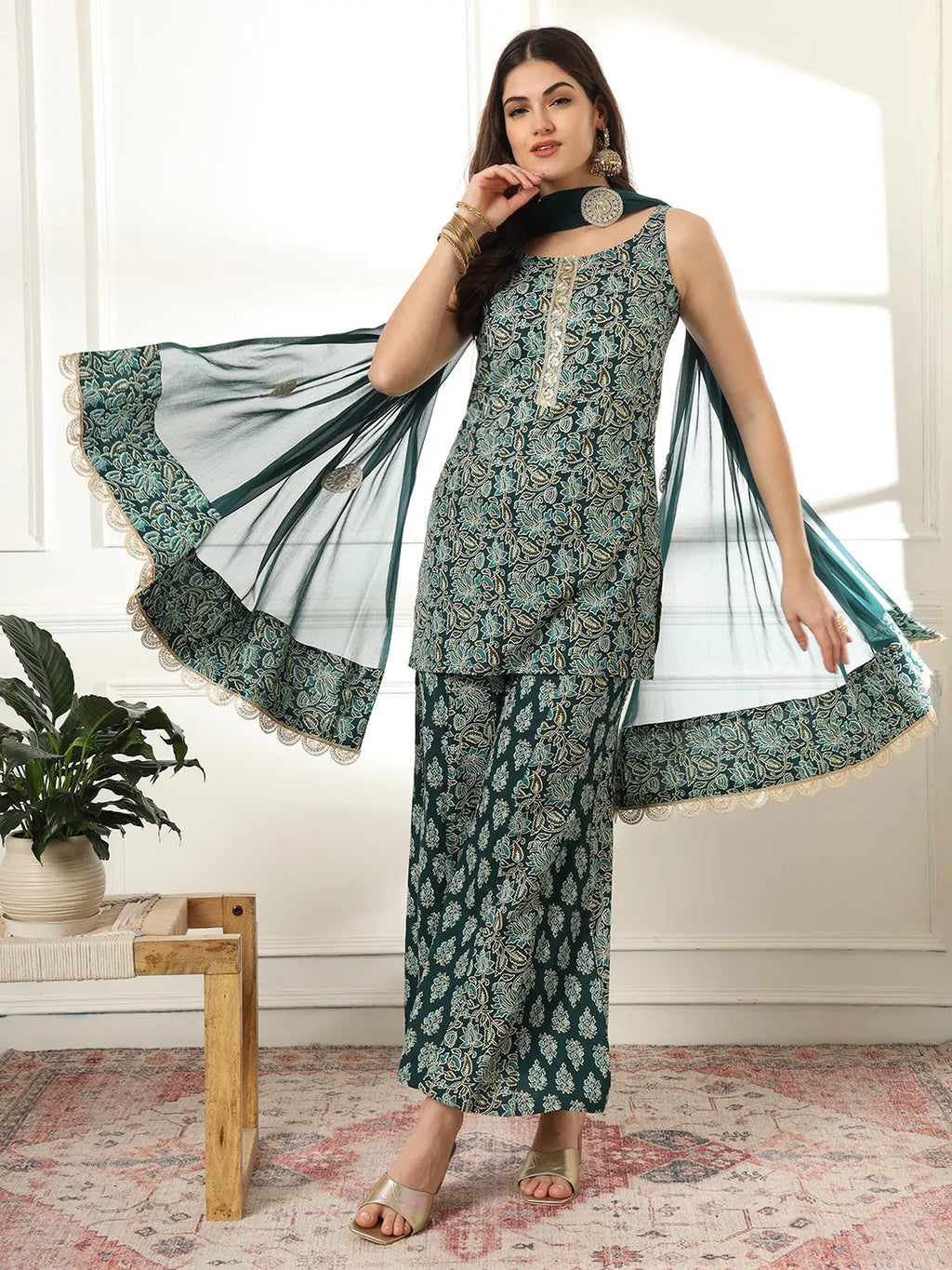 Yufta Cotton Green Kurta Palazzo Set | Grocsy