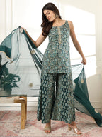 Yufta Cotton Green Kurta Palazzo Set | Grocsy