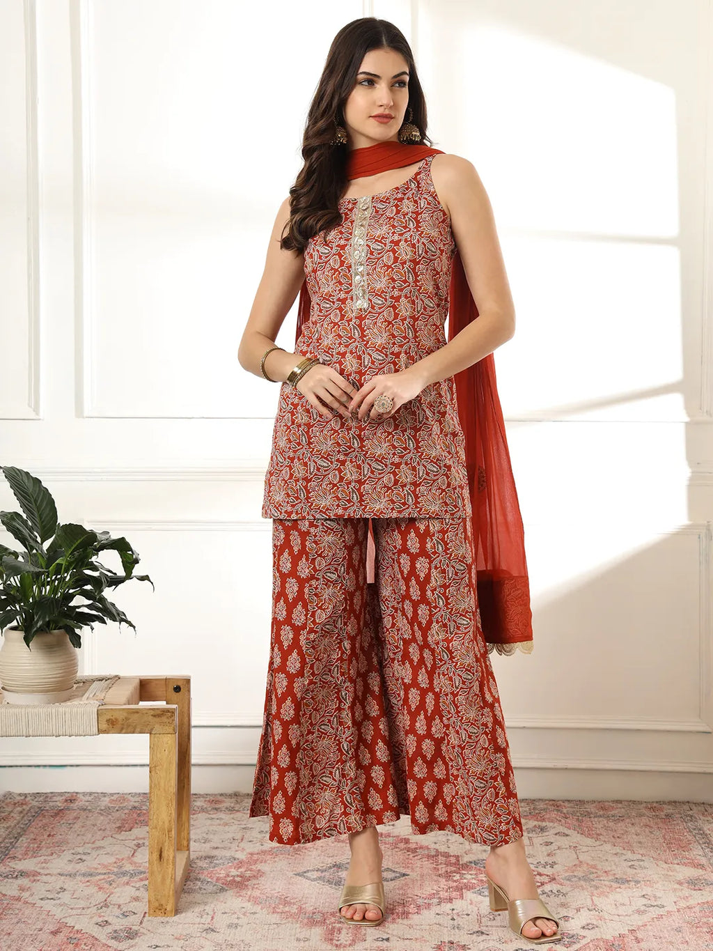 Yufta Cotton Rust Kurta Sharara Set | Grocsy