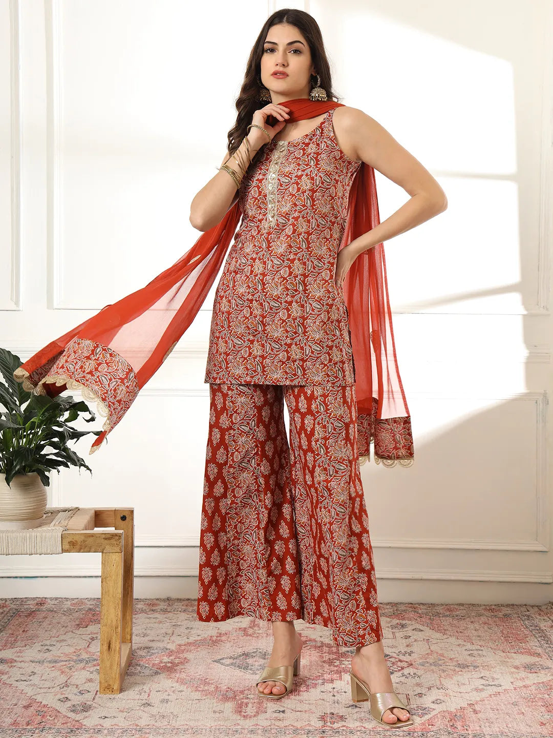 Yufta Cotton Rust Kurta Sharara Set | Grocsy