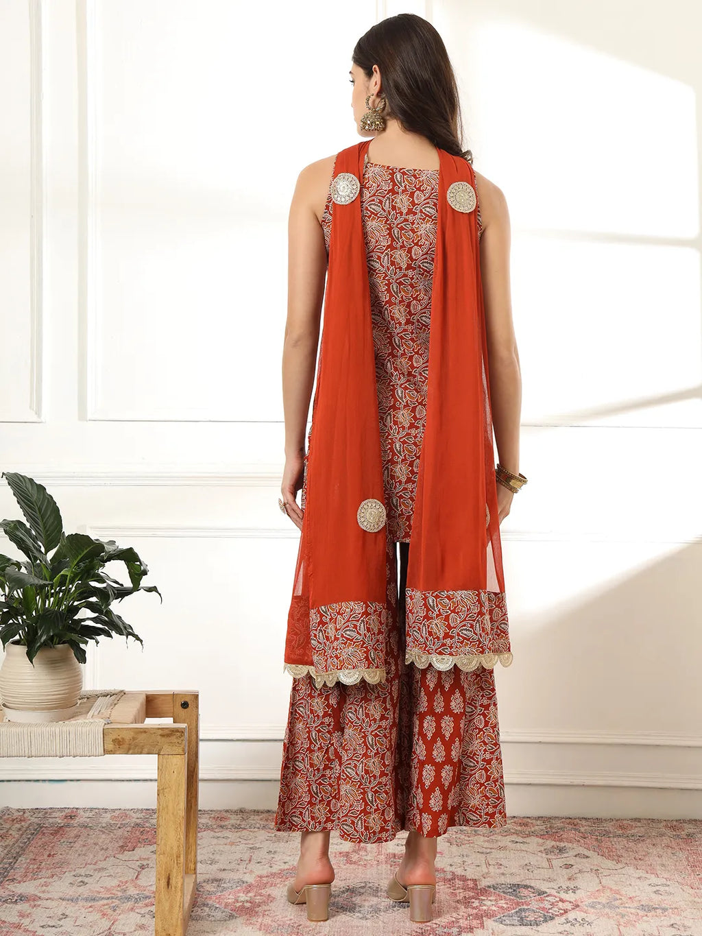 Yufta Cotton Rust Kurta Sharara Set | Grocsy
