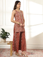 Yufta Cotton Rust Kurta Sharara Set | Grocsy