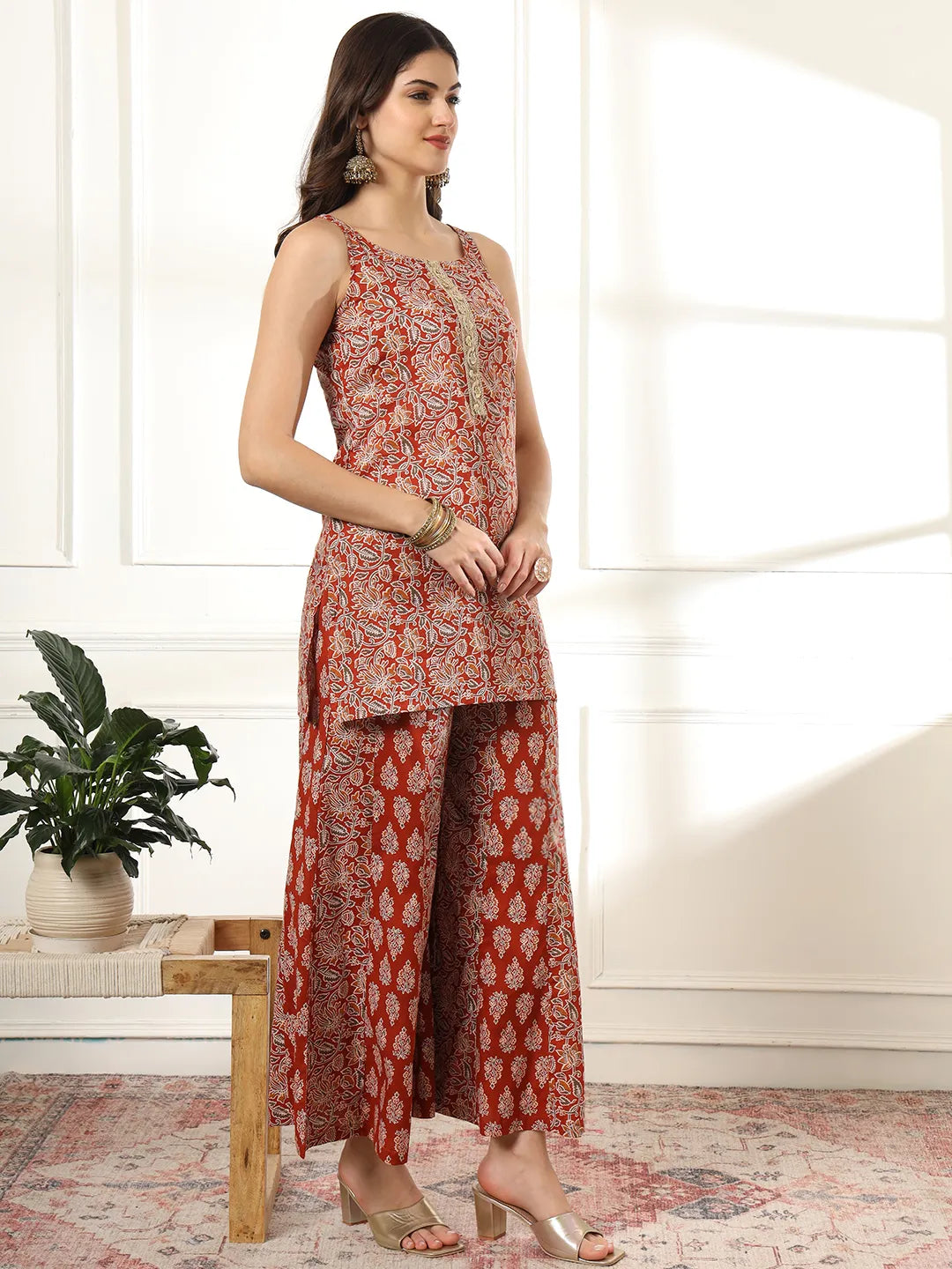 Yufta Cotton Rust Kurta Sharara Set | Grocsy