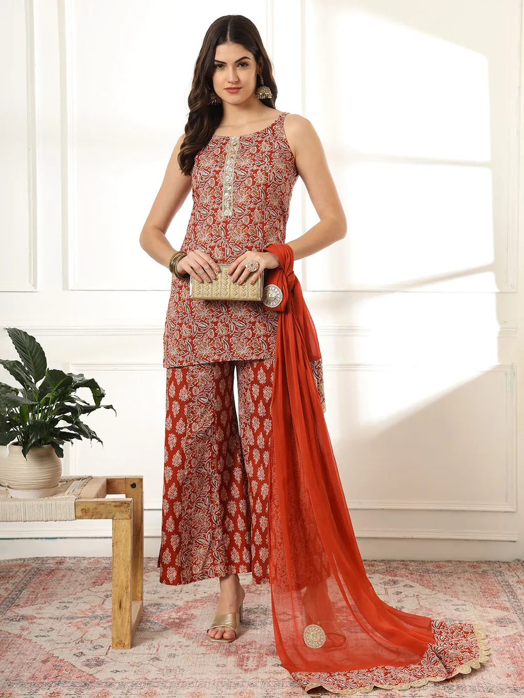 Yufta Cotton Rust Kurta Sharara Set | Grocsy
