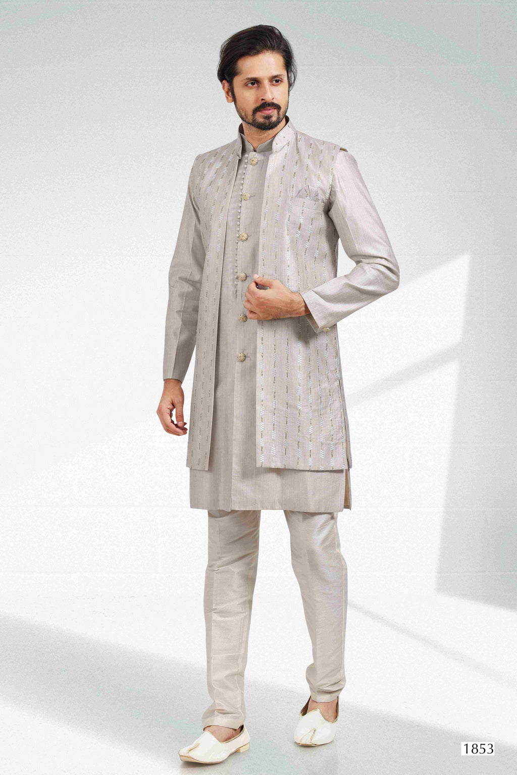 Raivat Ethnic Art Banarasi Silk Thread Work 3 Pics Jacket Set In Grey Colour | Grocsy