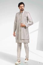 Raivat Ethnic Art Banarasi Silk Thread Work 3 Pics Jacket Set In Grey Colour | Grocsy