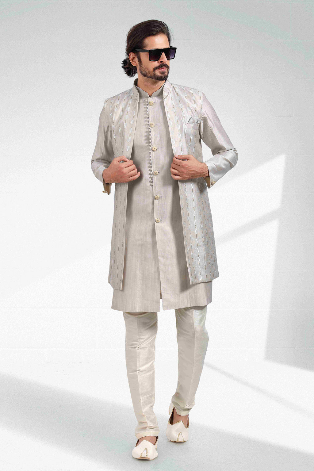 Raivat Ethnic Art Banarasi Silk Thread Work 3 Pics Jacket Set In Grey Colour | Grocsy