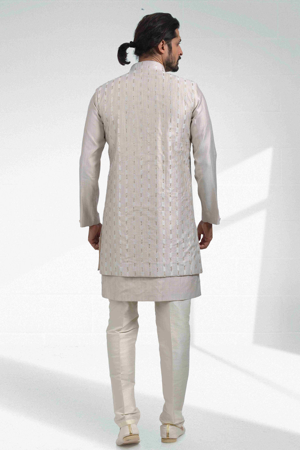 Raivat Ethnic Art Banarasi Silk Thread Work 3 Pics Jacket Set In Grey Colour | Grocsy