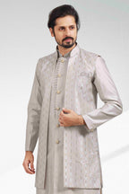 Raivat Ethnic Art Banarasi Silk Thread Work 3 Pics Jacket Set In Grey Colour | Grocsy