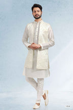 Raivat Ethnic Art Banarasi Silk Thread Work 3 Pics Jacket Set In Cream Colour | Grocsy