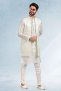 Raivat Ethnic Art Banarasi Silk Thread Work 3 Pics Jacket Set In Cream Colour | Grocsy