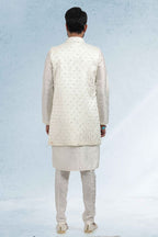 Raivat Ethnic Art Banarasi Silk Thread Work 3 Pics Jacket Set In Cream Colour | Grocsy