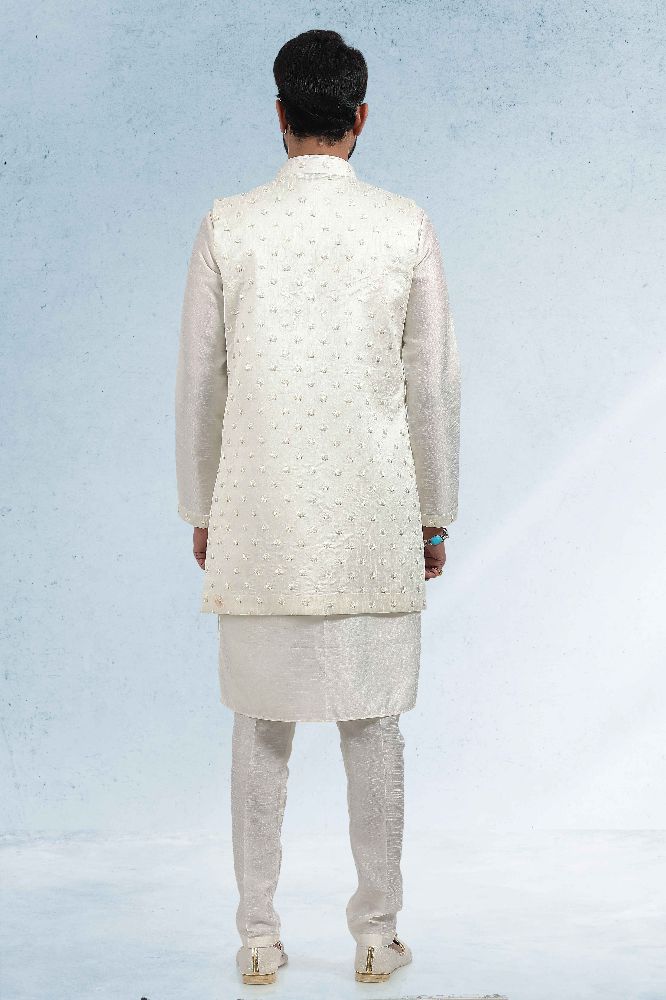 Raivat Ethnic Art Banarasi Silk Thread Work 3 Pics Jacket Set In Cream Colour | Grocsy