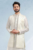 Raivat Ethnic Art Banarasi Silk Thread Work 3 Pics Jacket Set In Cream Colour | Grocsy