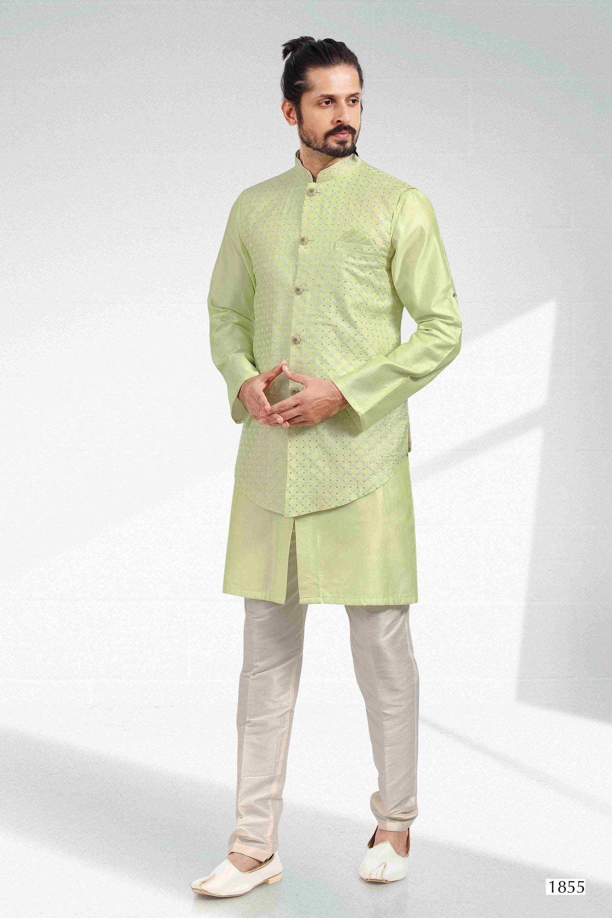 Raivat Ethnic Art Banarasi Silk Thread Work 3 Pics Jacket Set In Pista Green Colour | Grocsy