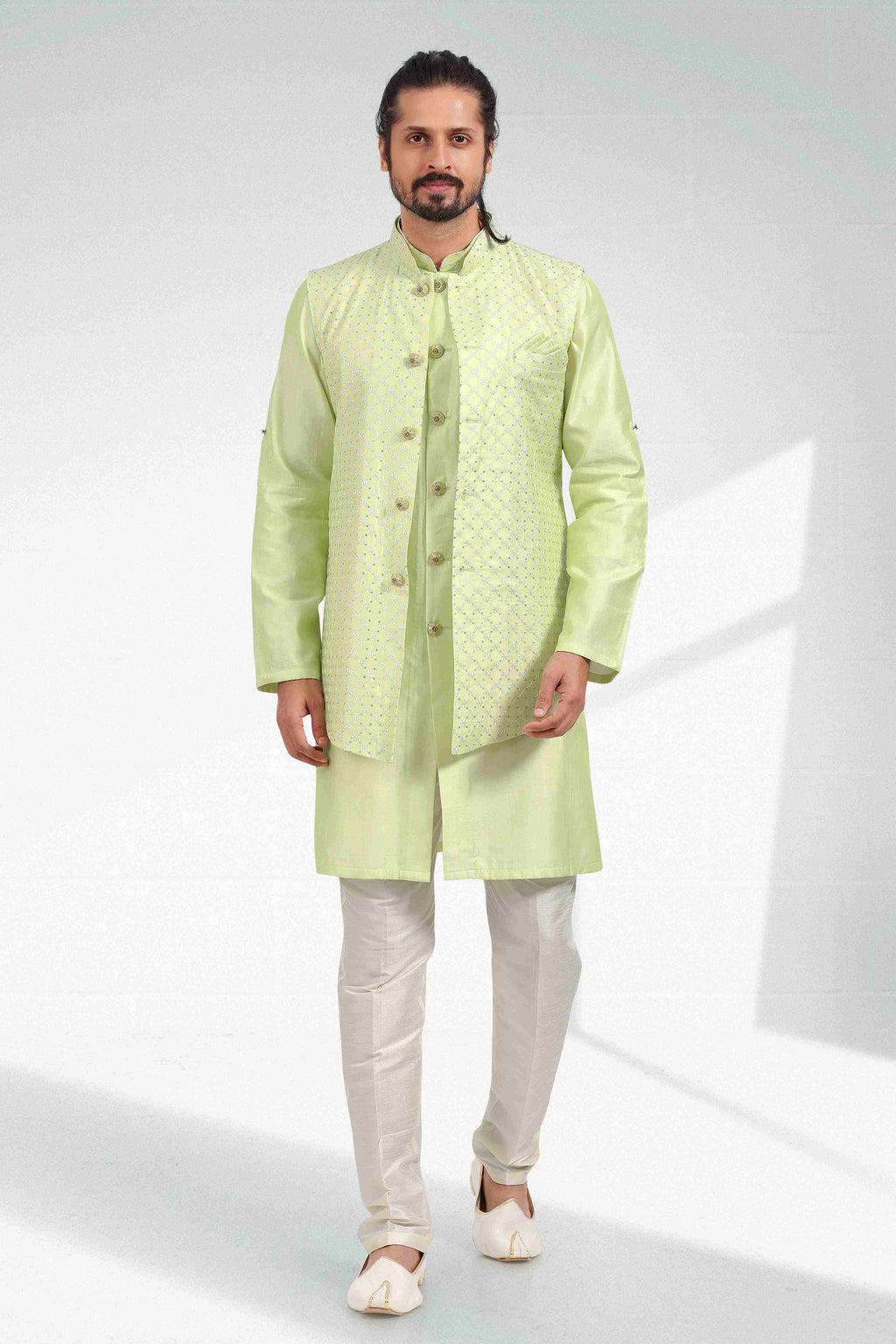 Raivat Ethnic Art Banarasi Silk Thread Work 3 Pics Jacket Set In Pista Green Colour | Grocsy