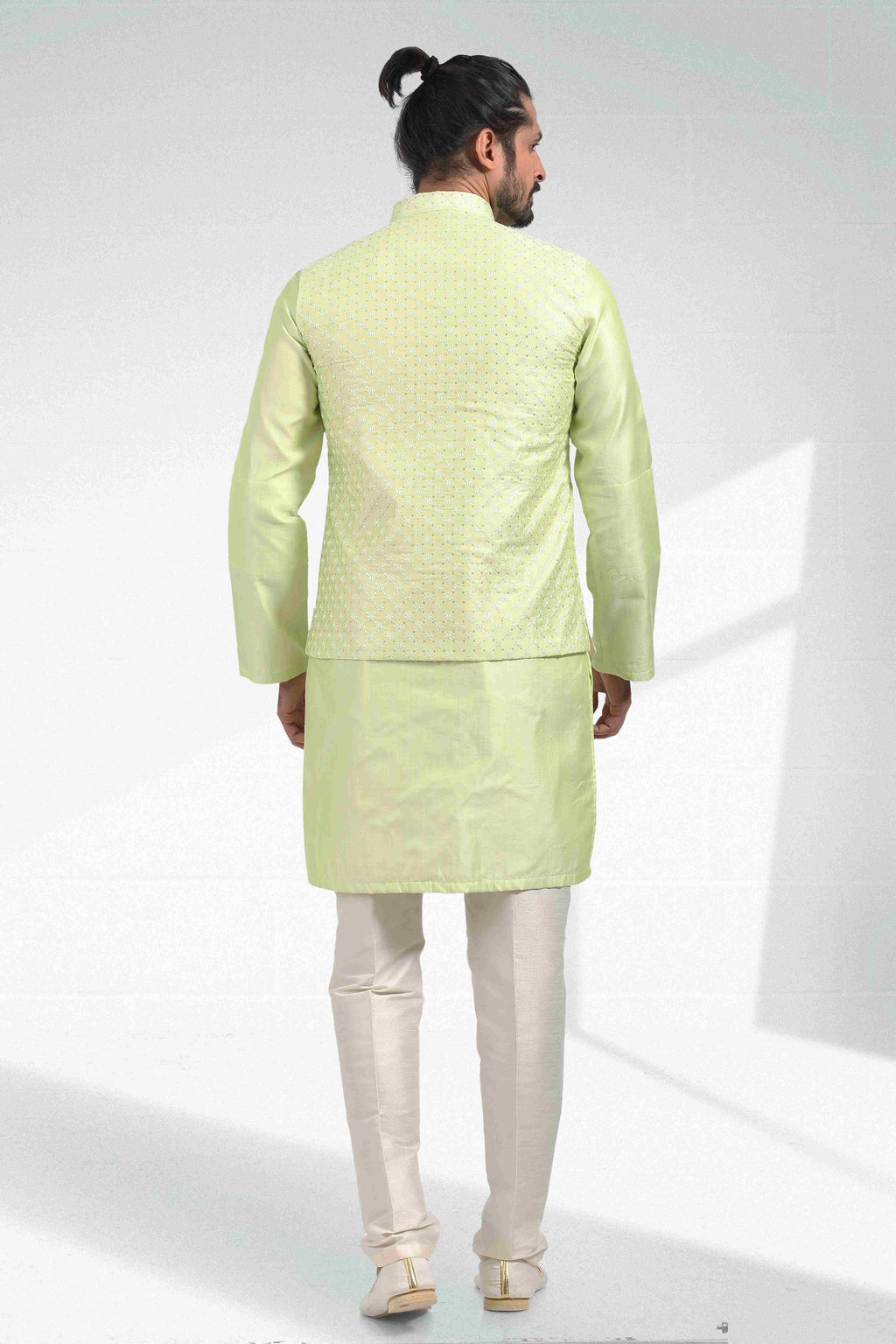 Raivat Ethnic Art Banarasi Silk Thread Work 3 Pics Jacket Set In Pista Green Colour | Grocsy