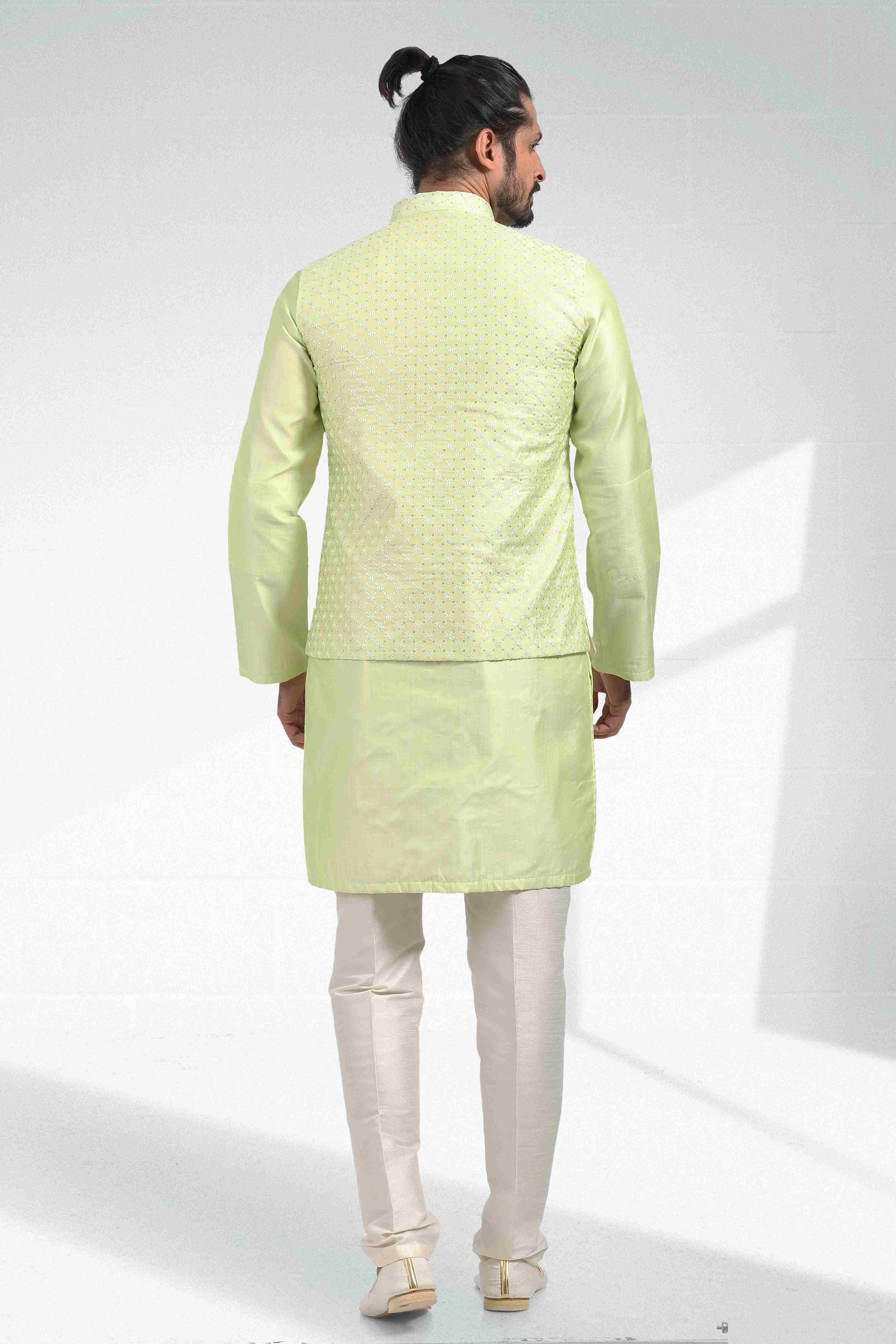 Raivat Ethnic Art Banarasi Silk Thread Work 3 Pics Jacket Set In Pista Green Colour | Grocsy