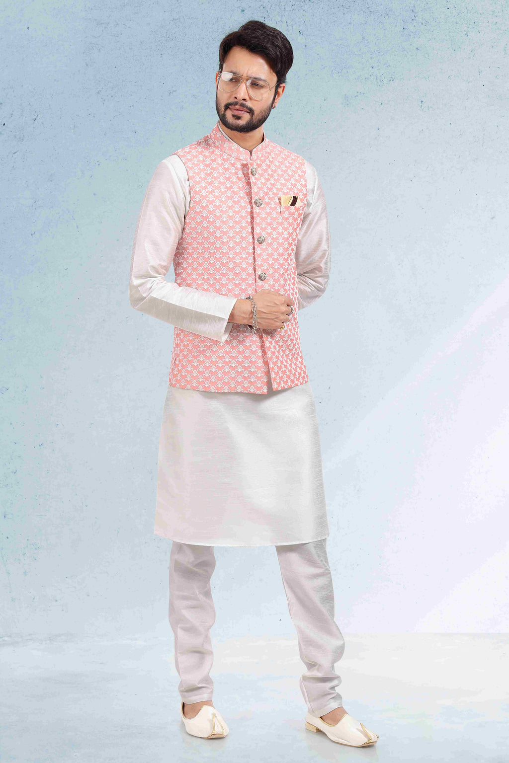 Raivat Ethnic Art Banarasi Silk Thread Work 3 Pics Jacket Set In Peach Colour | Grocsy