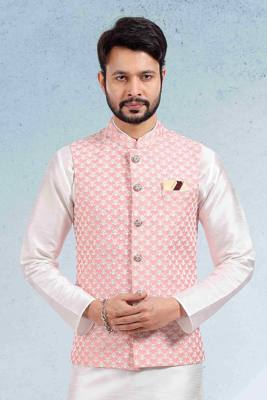 Raivat Ethnic Art Banarasi Silk Thread Work 3 Pics Jacket Set In Peach Colour | Grocsy