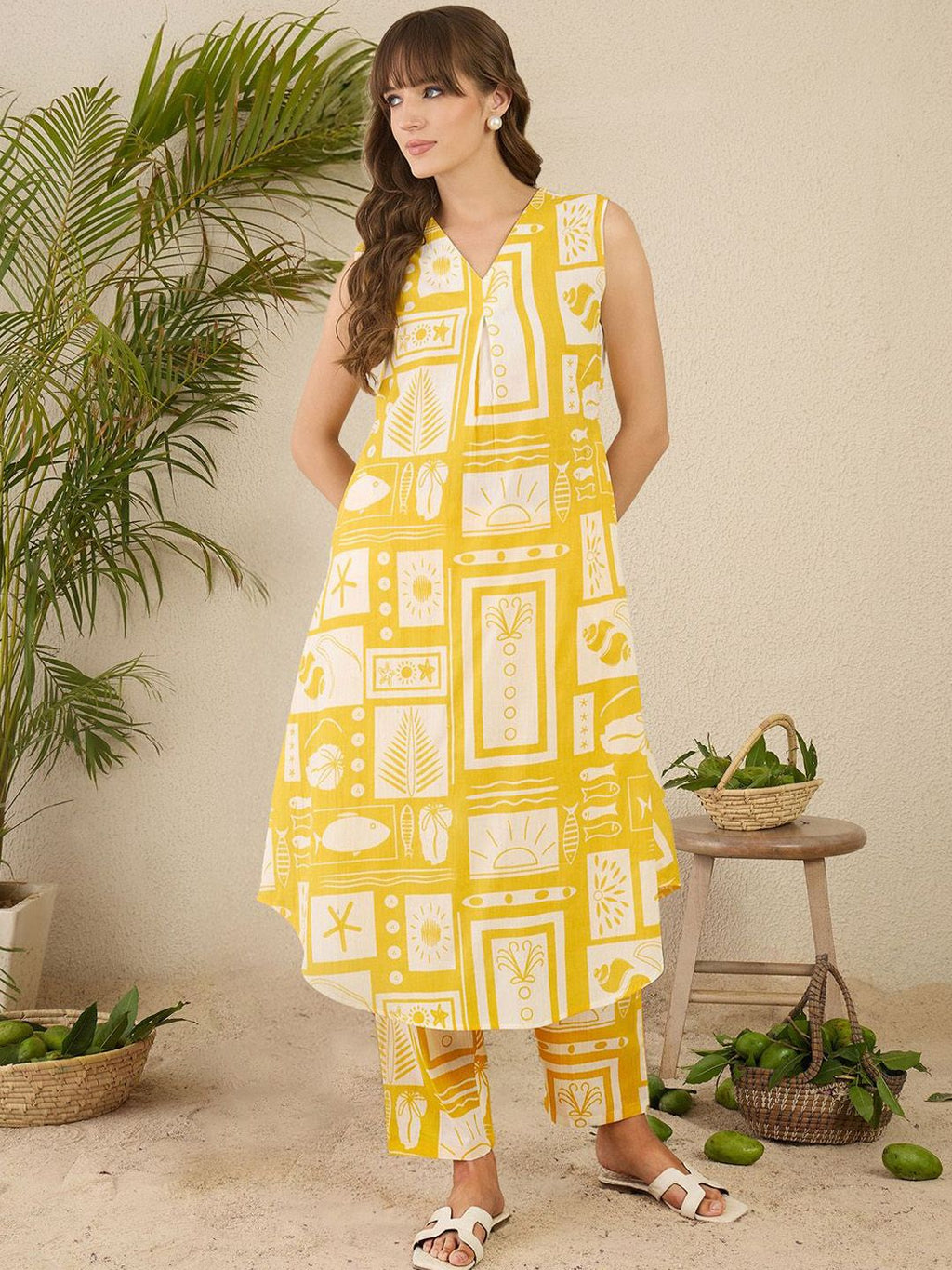 Indo Era Women Ethnic Motifs Printed Pleated Pure Cotton Kurta with Trousers | Grocsy