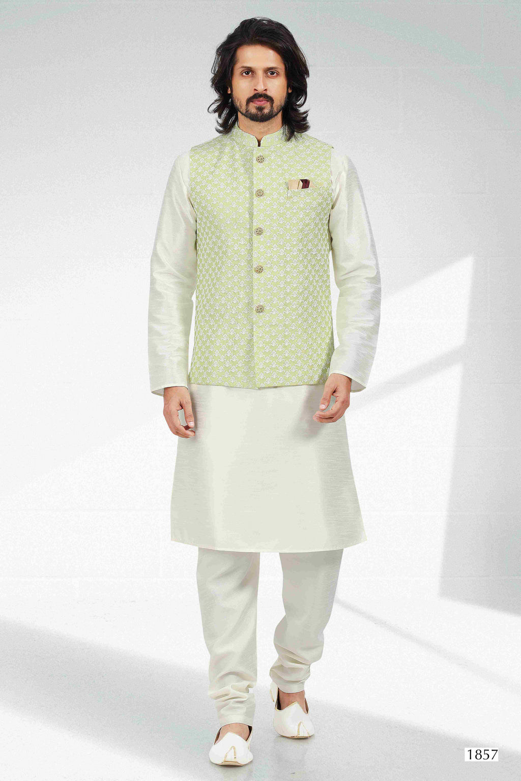 Raivat Ethnic Art Banarasi Silk Thread Work 3 Pics Jacket Set In Pista Green Colour | Grocsy