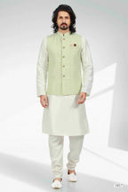 Raivat Ethnic Art Banarasi Silk Thread Work 3 Pics Jacket Set In Pista Green Colour | Grocsy
