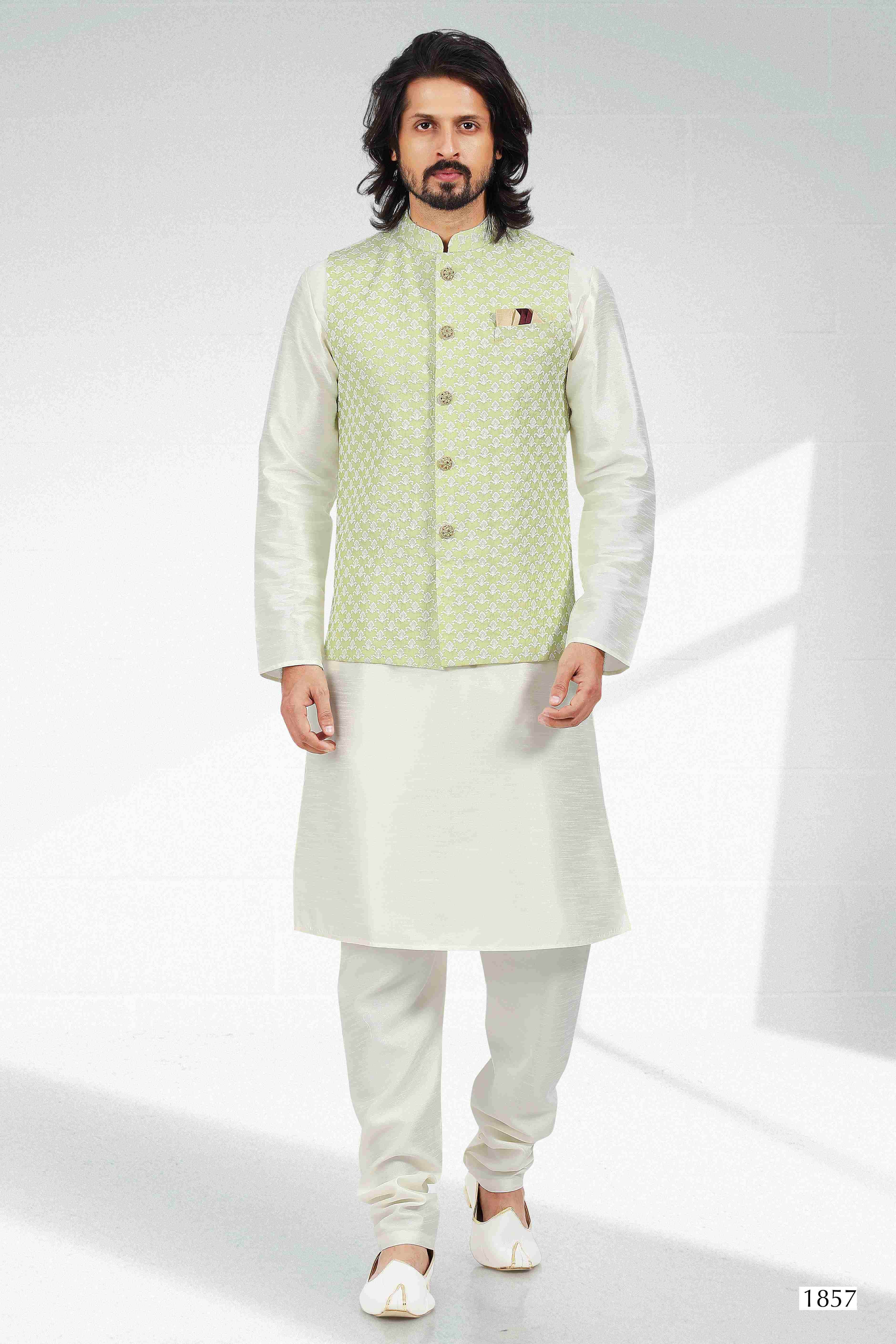 Raivat Ethnic Art Banarasi Silk Thread Work 3 Pics Jacket Set In Pista Green Colour | Grocsy