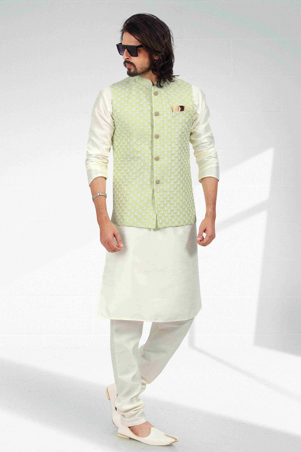 Raivat Ethnic Art Banarasi Silk Thread Work 3 Pics Jacket Set In Pista Green Colour | Grocsy