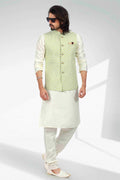Raivat Ethnic Art Banarasi Silk Thread Work 3 Pics Jacket Set In Pista Green Colour | Grocsy