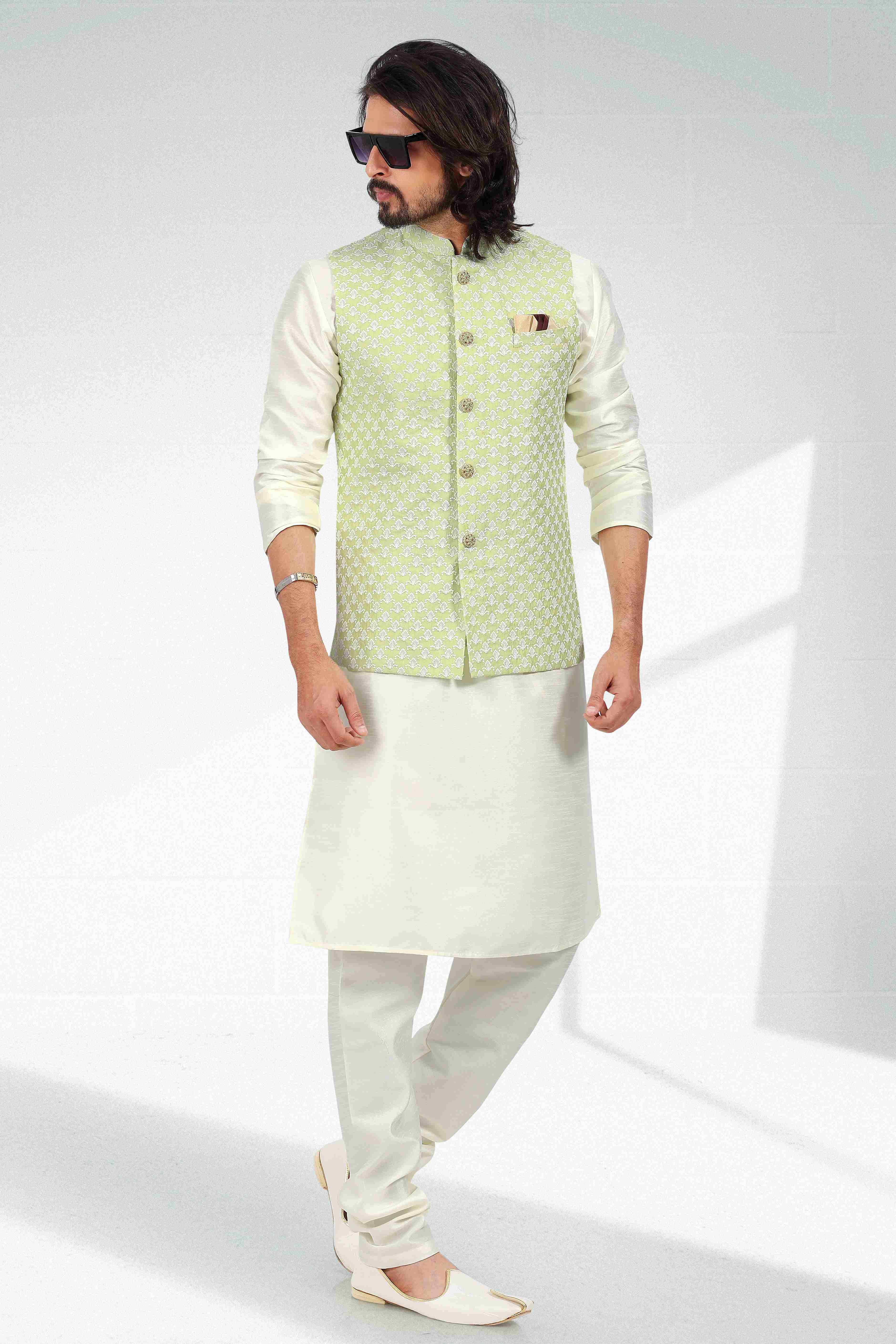 Raivat Ethnic Art Banarasi Silk Thread Work 3 Pics Jacket Set In Pista Green Colour | Grocsy