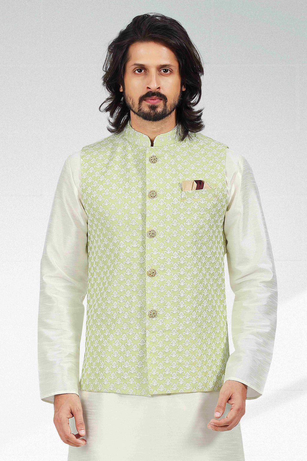 Raivat Ethnic Art Banarasi Silk Thread Work 3 Pics Jacket Set In Pista Green Colour | Grocsy