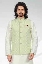 Raivat Ethnic Art Banarasi Silk Thread Work 3 Pics Jacket Set In Pista Green Colour | Grocsy