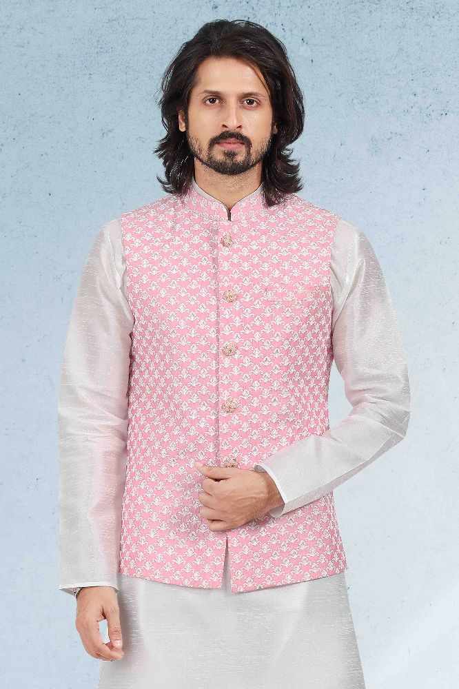 Raivat Ethnic Art Banarasi Silk Thread Work 3 Pics Jacket Set In Pink Colour | Grocsy